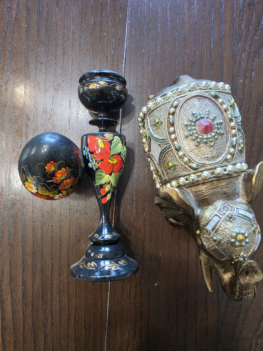 Hand-Painted Black Floral Decorative Wood Candle Holder and Sphere Set